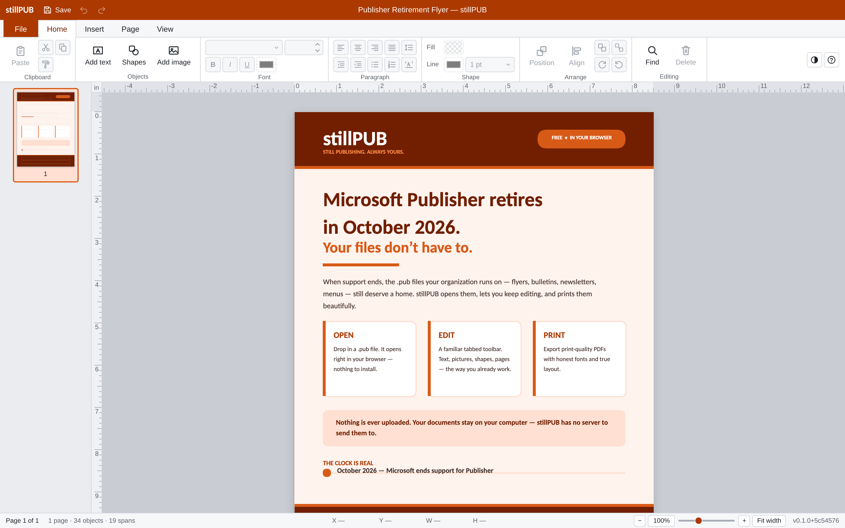 A finished flyer about Microsoft Publisher's October 2026 retirement open for editing in stillpub: tabbed toolbar, rulers, page thumbnail, and the flyer on the page canvas.