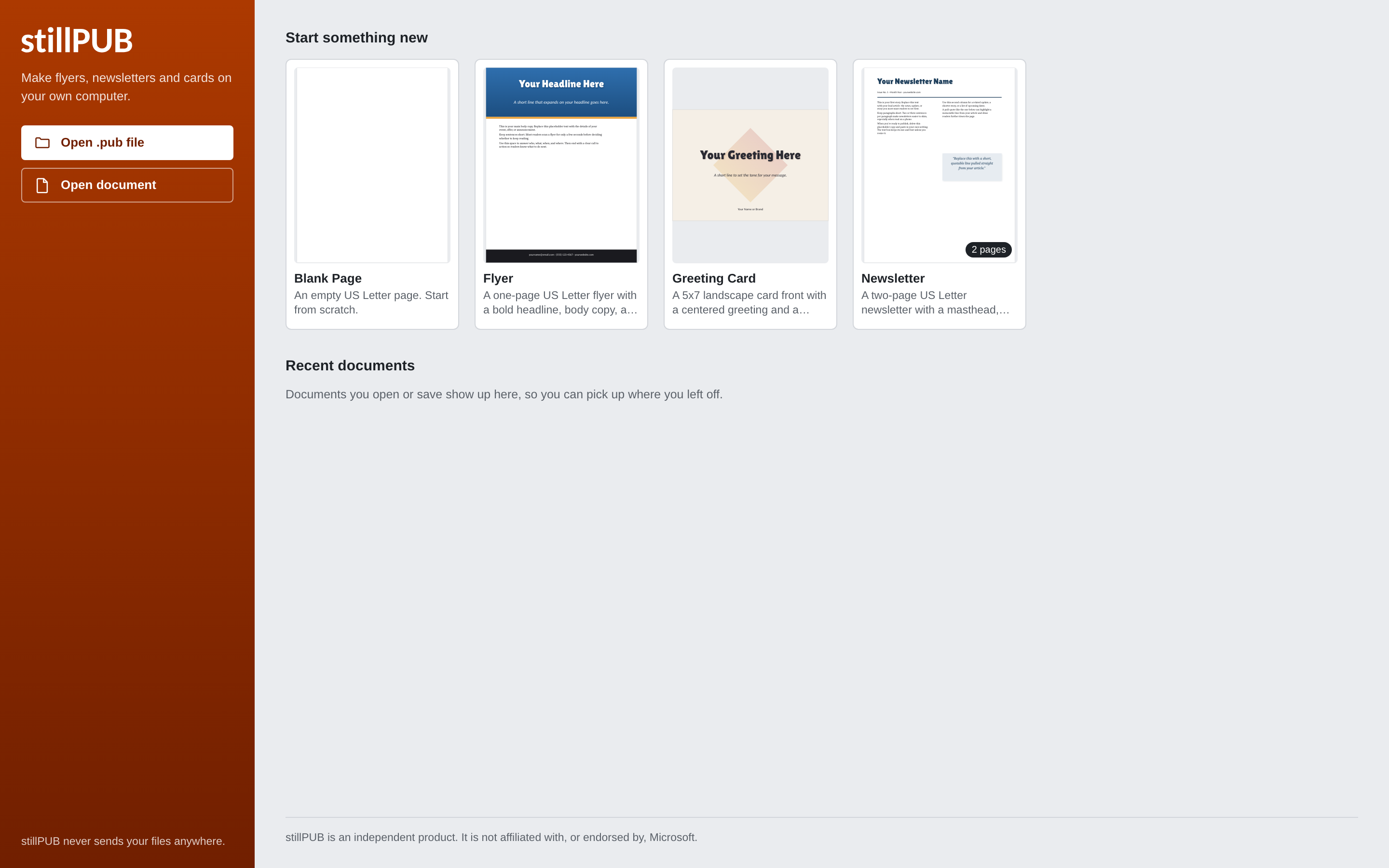 The stillpub start screen: template cards for a blank page, flyer, greeting card, and newsletter, with Open .pub file and Open document buttons.