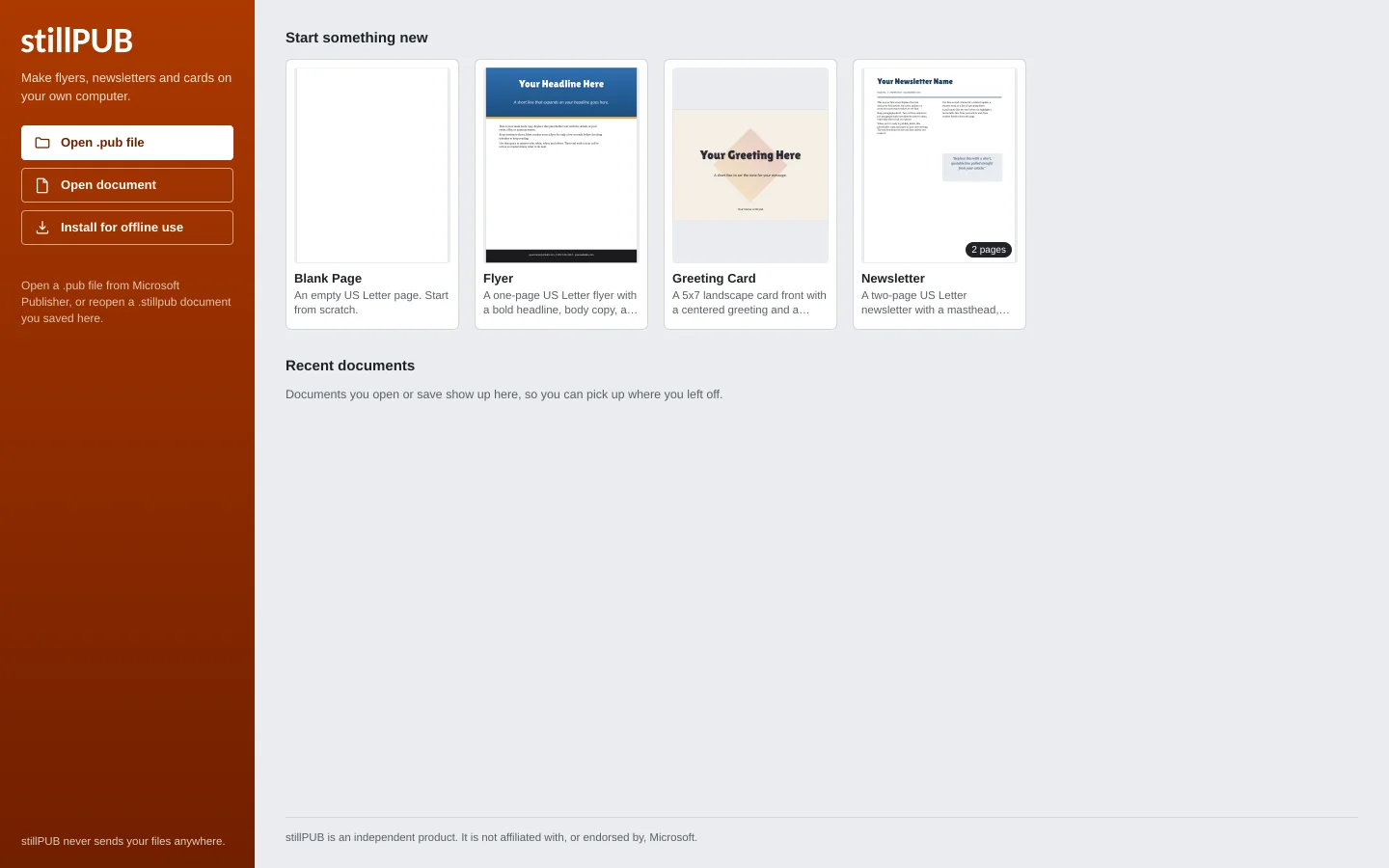 The stillPUB start screen: template cards for a blank page, flyer, greeting card, newsletter, church bulletin, directory, program booklet and labels, with Open .pub file, Open stillPUB or Word and Open PDF buttons.