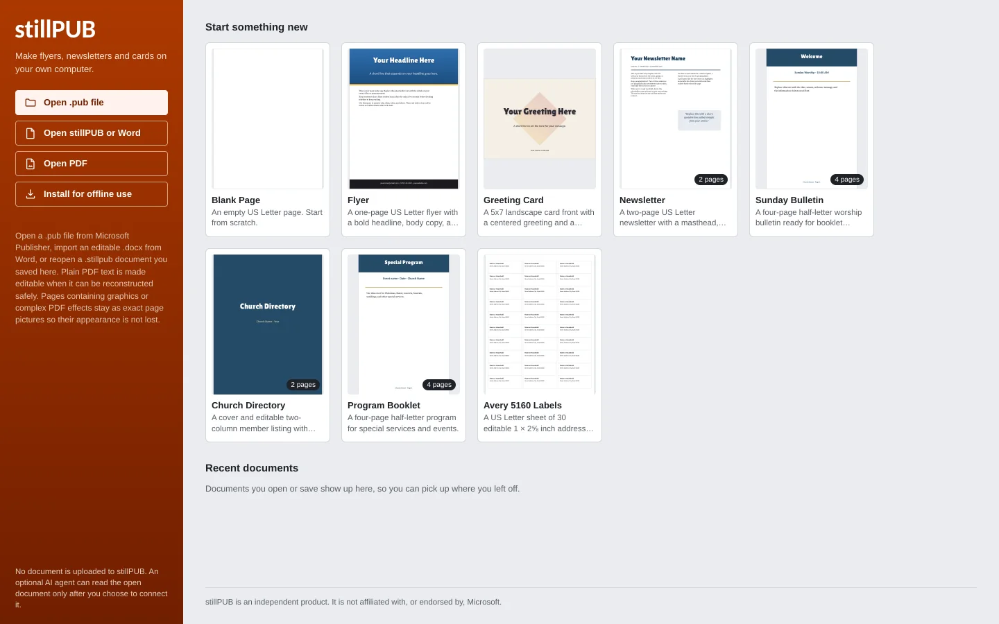 Step 1: the stillPUB start screen with the Open .pub file button and the template cards.