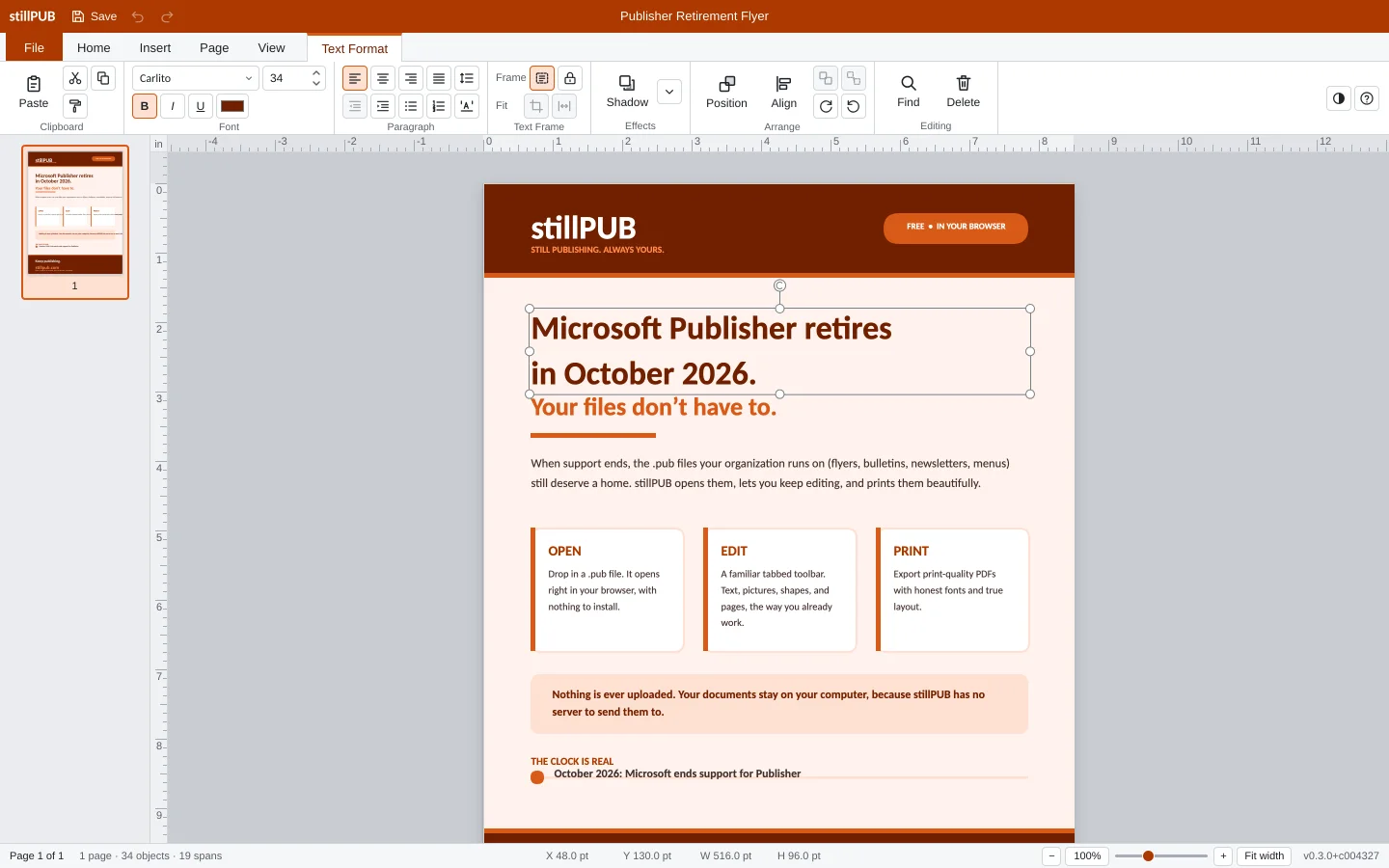 Step 3: the headline text box selected on the page, with the Text Format tab showing font and paragraph tools.