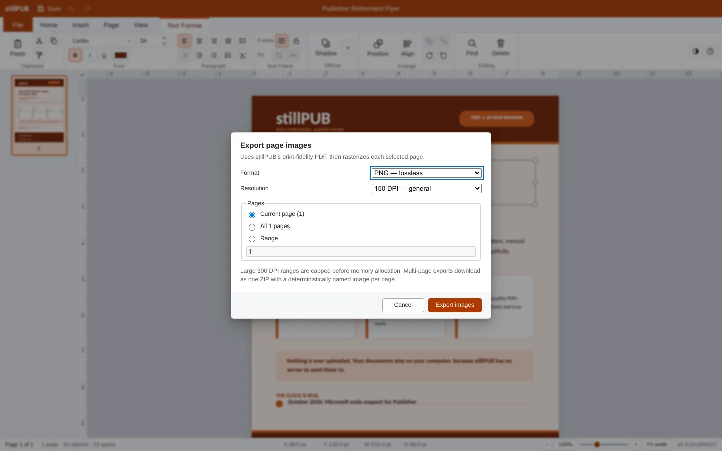 Step 4: the Export page images dialog offering PNG or JPG at 96, 150 or 300 dpi.