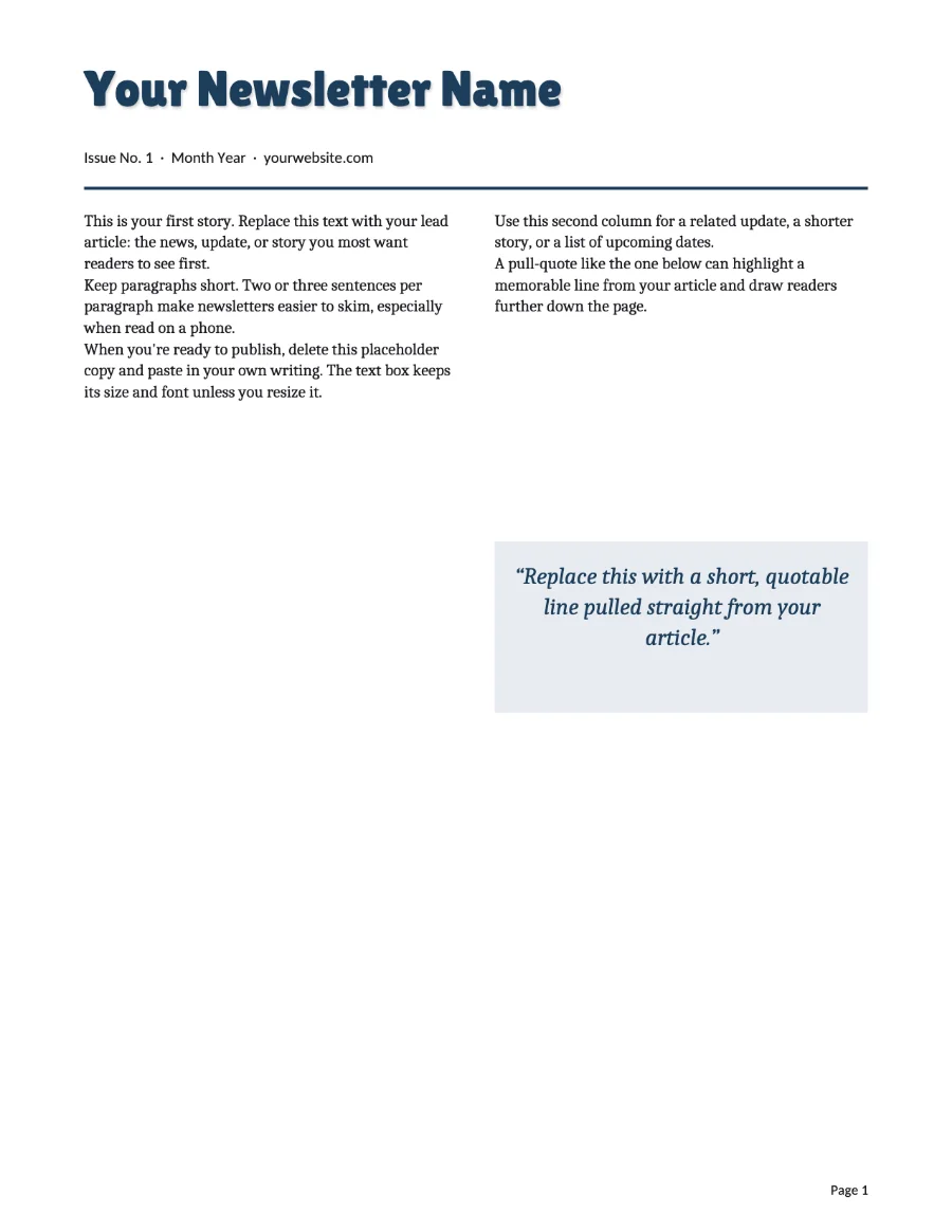 Newsletter template, page 1, exported from stillPUB